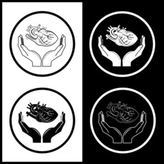 Medical icons. Protection of heart. Black and white.