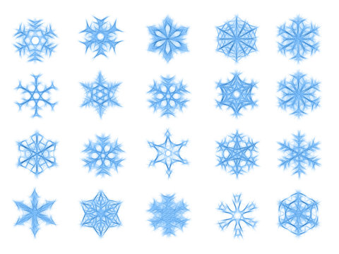 Set of 20 blue snowflakes in sketch style