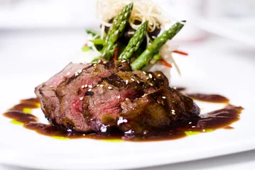 Printed roller blinds meal dishes gourmet fillet mignon steak at five star restaurant.
