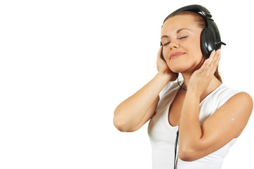 Naklejka premium girl in earphone listens music