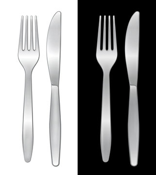 Two cutlery sets at black and whine background
