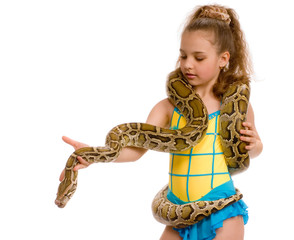 close-up of sweet girl with pet python