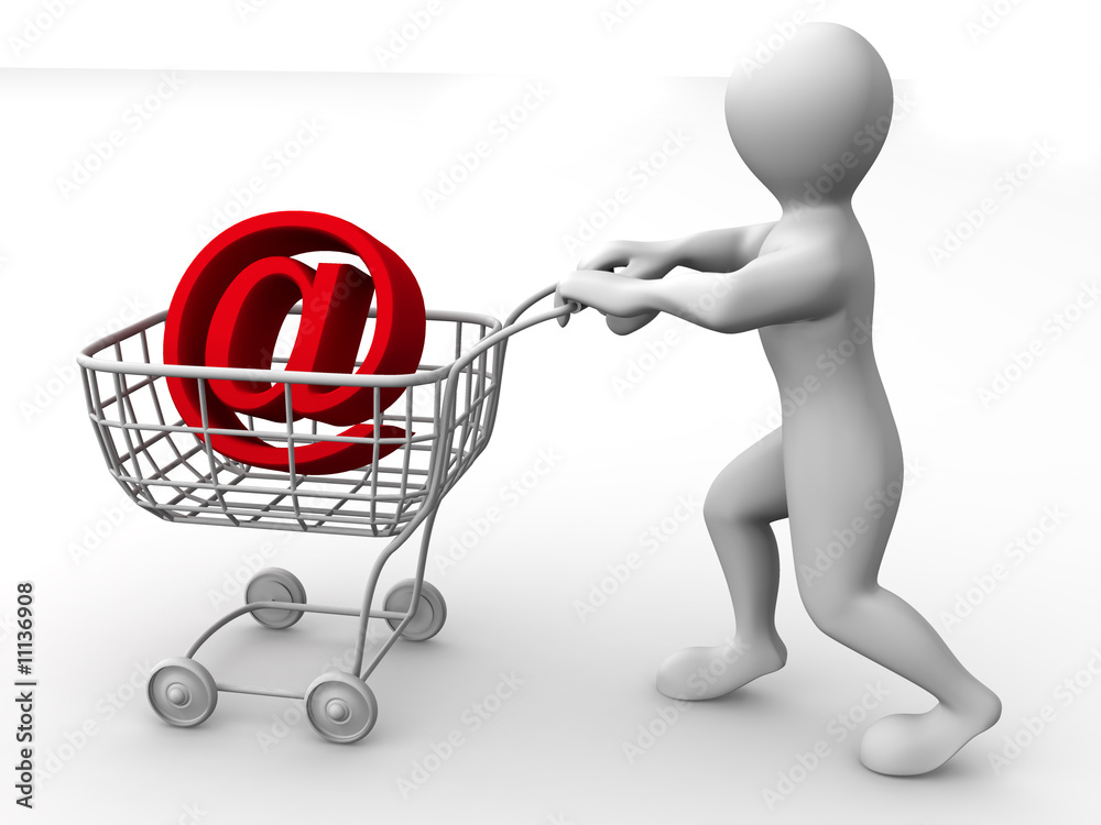 Poster man with consumer basket and sign for internet