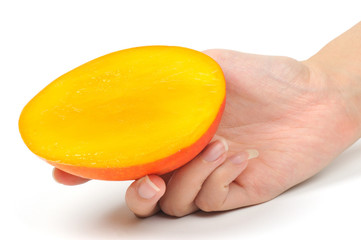 mango slices in hand