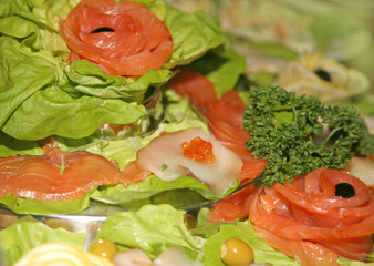 freshness red fish and olives on Green leave