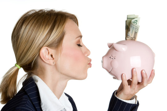 Woman Kissing Piggy Bank