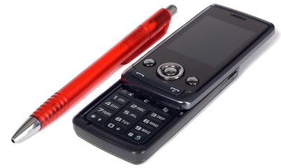 Black modern mobile phone with red pen