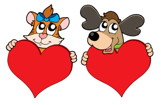 Cute cat and dog with red hearts