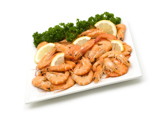 dish of shrimps on white background