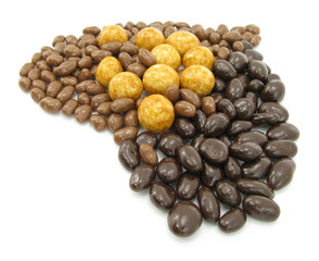 Candies coated with chocolate heart shape