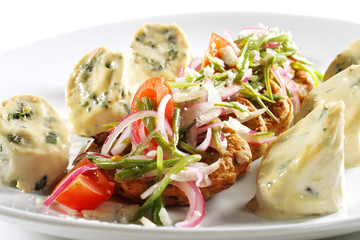 Chicken Roll with Vegetable Marrow Galette and Vegetables