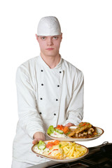 Chef that the holds plate with food on white background