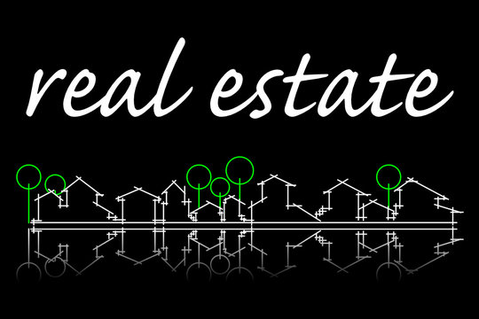 Real estate business card with houses and trees silhouette