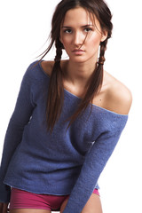 The girl in a dark blue sweater