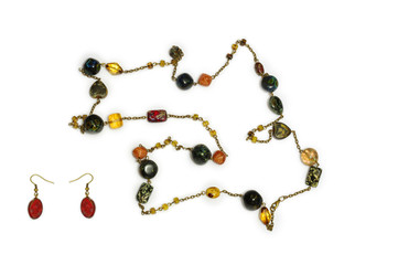 A necklace and earrings of glass beads, industrial arts