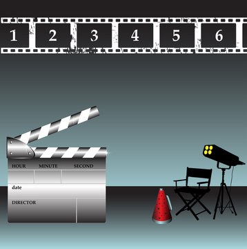 Clapper board, film strip, director chair and stage lights