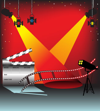 Colorful stage lights, film strip and clapper board