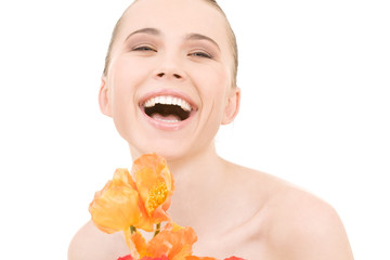 laughing woman with flowers