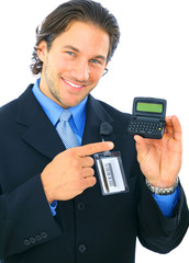 Businessman Pointing At Empty Electronic Pager - 11223181
