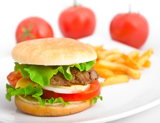 hamburger with fries on white plate with tomatoes in the back