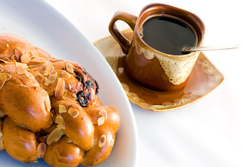 Coffee cup and christmas cake isolated on white background