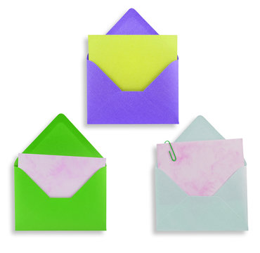 Assorted envelopes on white background, path provided.