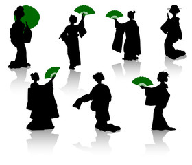 Silhouettes of dancers of Japanese theatre and geishas
