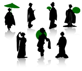 Silhouettes of dancers of Japanese theatre and geishas