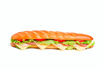 long sandwich with lettuce, tomatoes, ham, turkey and cheese