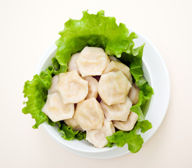 Russian hot pelmeni in a dish, close up