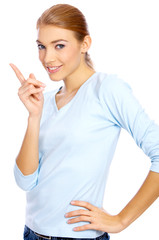 Fototapeta premium Portrait of a nice looking blond woman making waring gesture