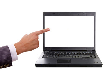 hand pointing to a laptop screen over white background