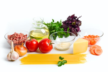 fresh ingredients for spaghetti bolognese isolated