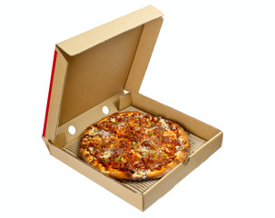 Pizza in a takeaway box isolated on white background
