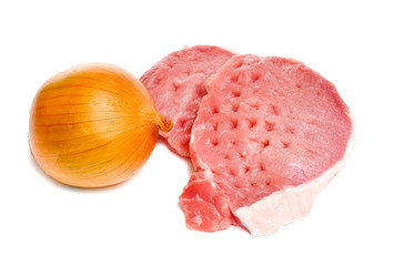 Raw meat and onion bulb
