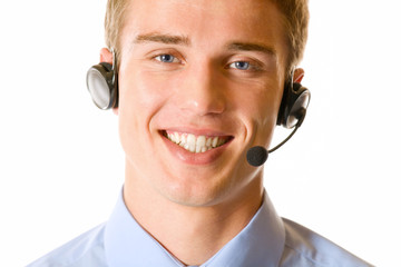 Portrait of happy support operator in headset, isolated