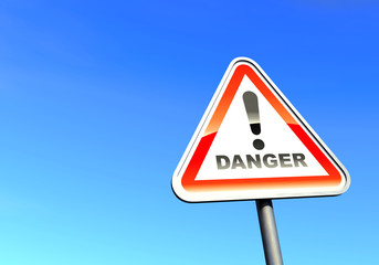 Danger - exclamation point sign against the blue sky