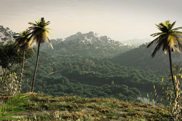Fototapeta na wymiar 3D rendering of a fictional landscape.