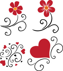 pattern of flowers and hearts vector silhouette
