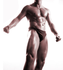 Fototapeta na wymiar strong muscle man in sepia on white background