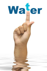 Hand pointing water word isolated in white