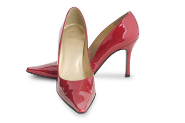 Pair of red patent leather high heel shoes