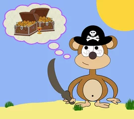 Fotobehang Piraten Hebzuchtige Piraat Aap Cartoon Droomscène