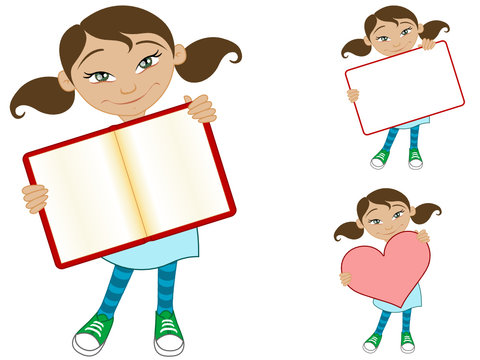 M&auml;dchen mit Buch, Herz und Textrahmen