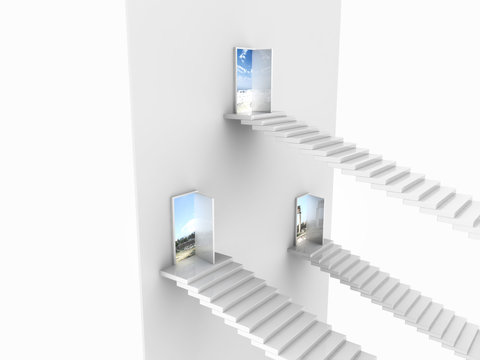 Side view of three white stairs coming up to open doors