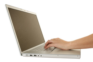 Hand on Laptop with clipping path.