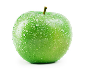Green apple with water drops isolated on white