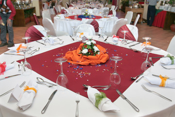 restaurant table setup at dinner
