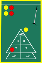 A shuffleboard court with cue and pucks