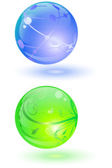 Two glowing globes with ornaments-isolated on white